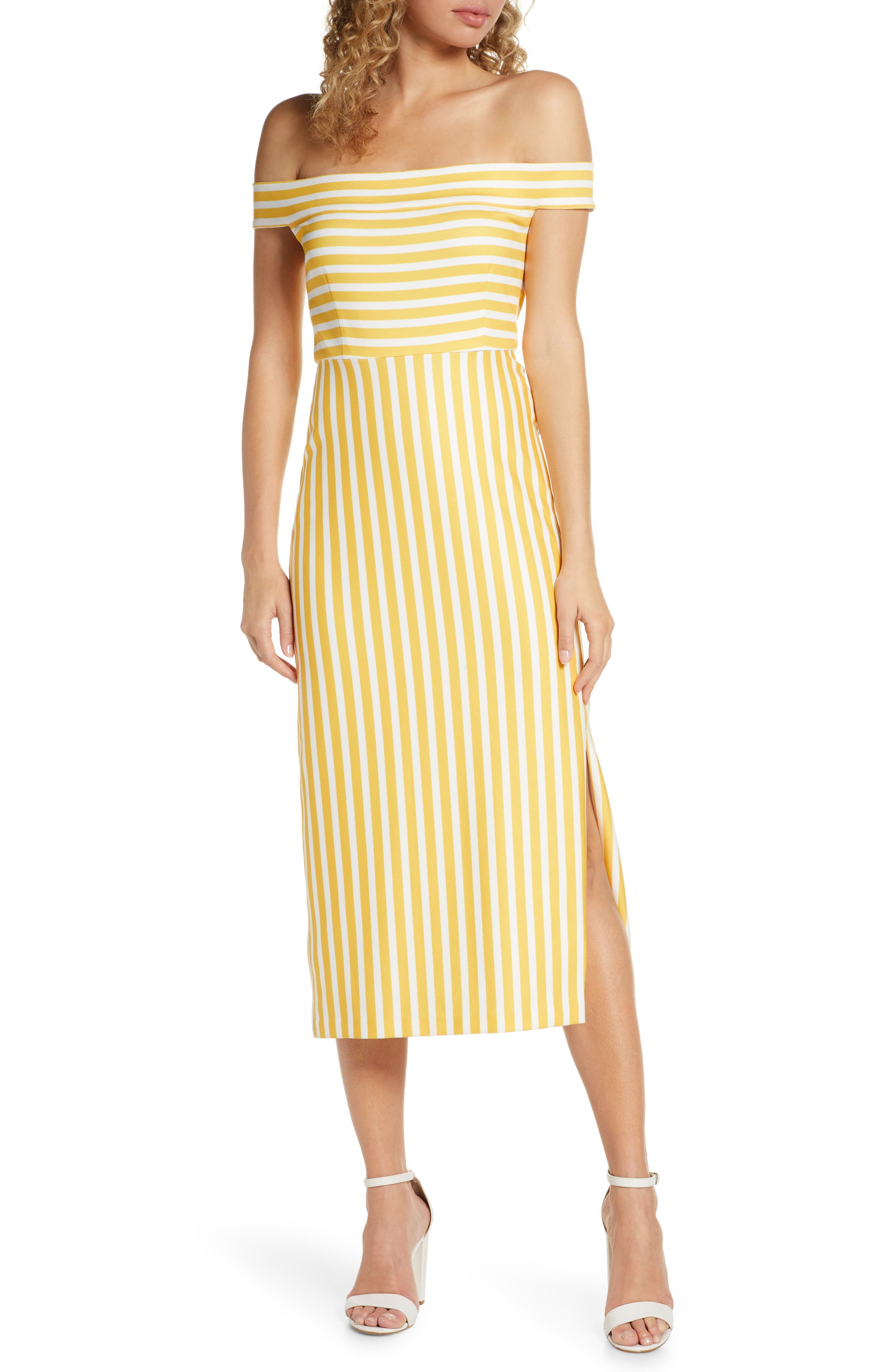 Avec Les Filles Off The Shoulder Stripe Midi Dress, Yellow