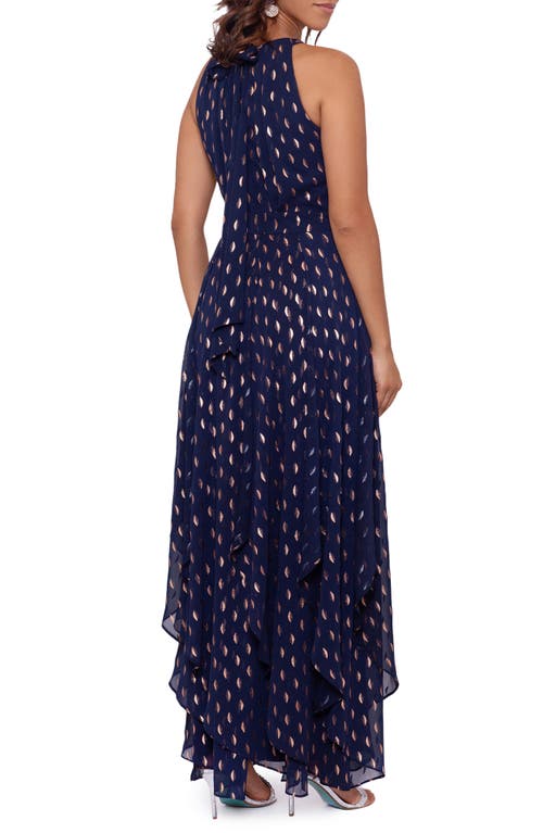 BETSY & ADAM BETSY & ADAM METALLIC LAYERED RUFFLE SLEEVELESS GOWN 