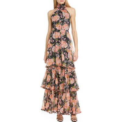 Bytimo Halter Neck Floral Chiffon Maxi Dress, Black