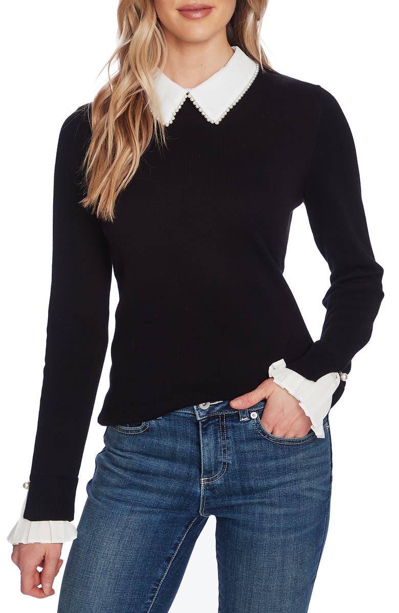 CECE Imitation Pearl Peter Pan Collar Cotton Sweater, Main, color, RICH BLACK