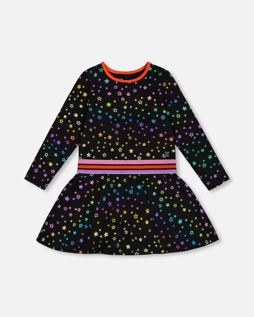 Shop Deux Par Deux Girl's Foil Black Printed Stars Dress In Printed Foil Stars