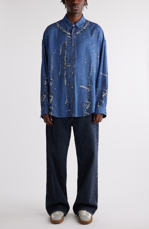 Shop Acne Studios Trompe L'oeil Repaired & Embellished Button-up Shirt In Navy Multi