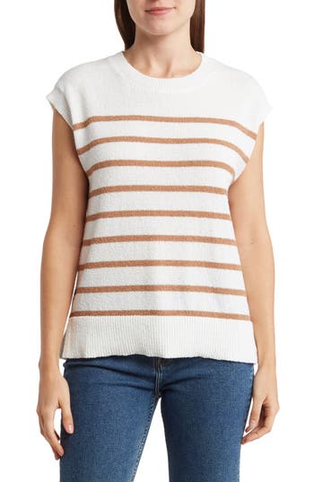 Shop Bobeau Stripe Sleeveless Sweater In Ivory/brown