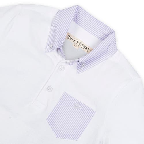 Hope & Henry Baby Boys' Organic Jersey Polo With Seersucker, Infant In White With Lavender Trim