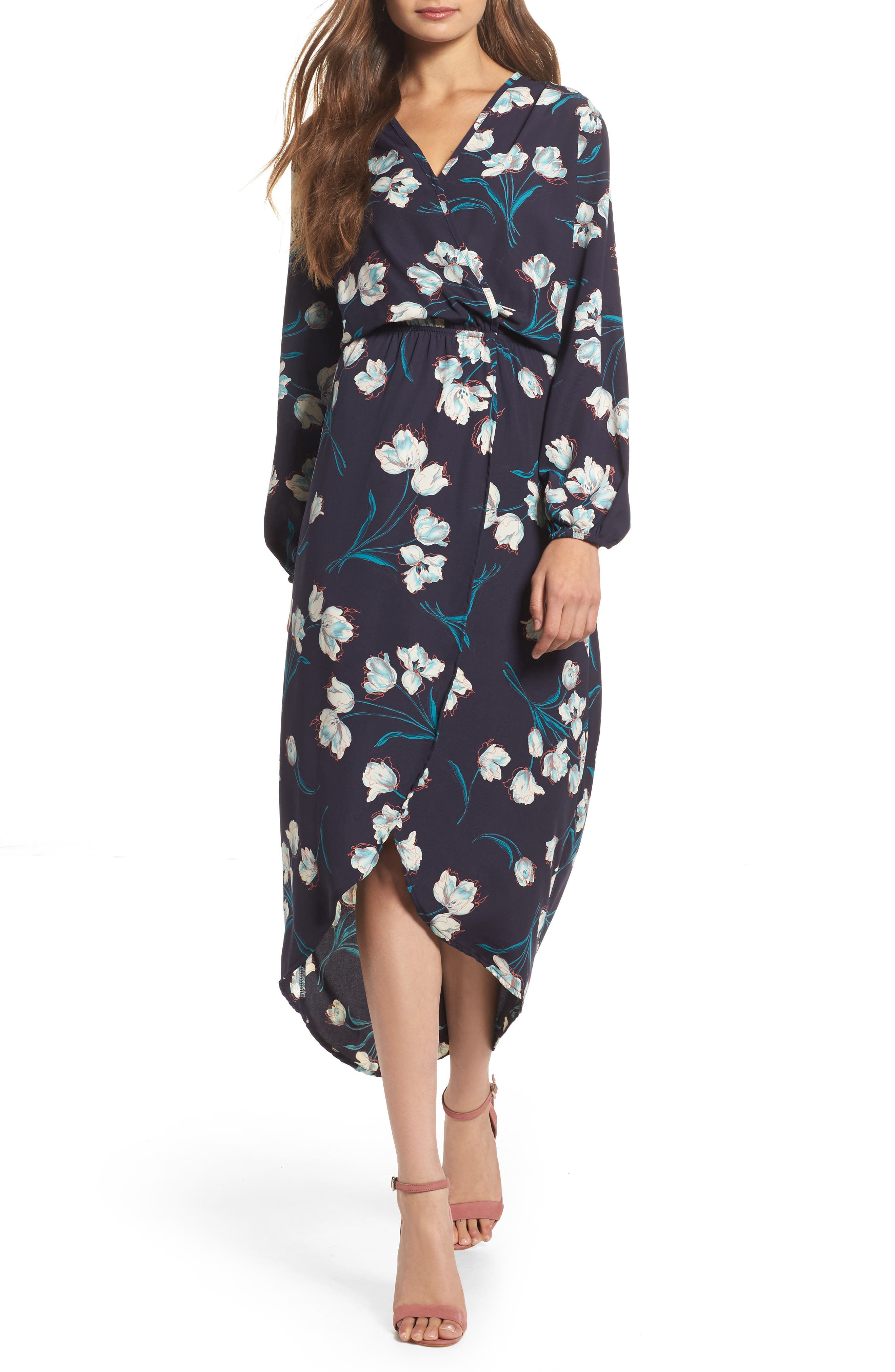 high low wrap dress with sleeves