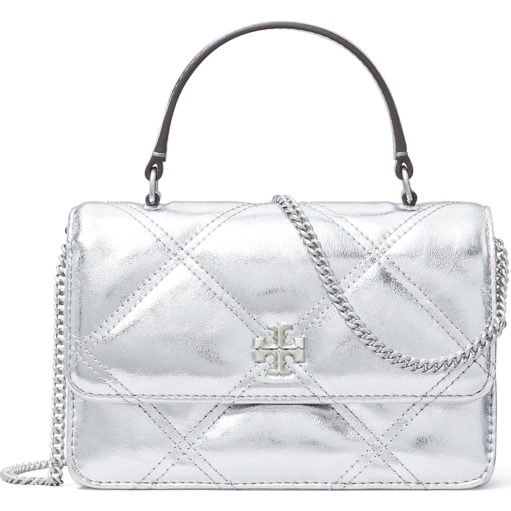 Tory Burch Kira Diamond Quilted Metallic Leather Crossbody Bag In Silver