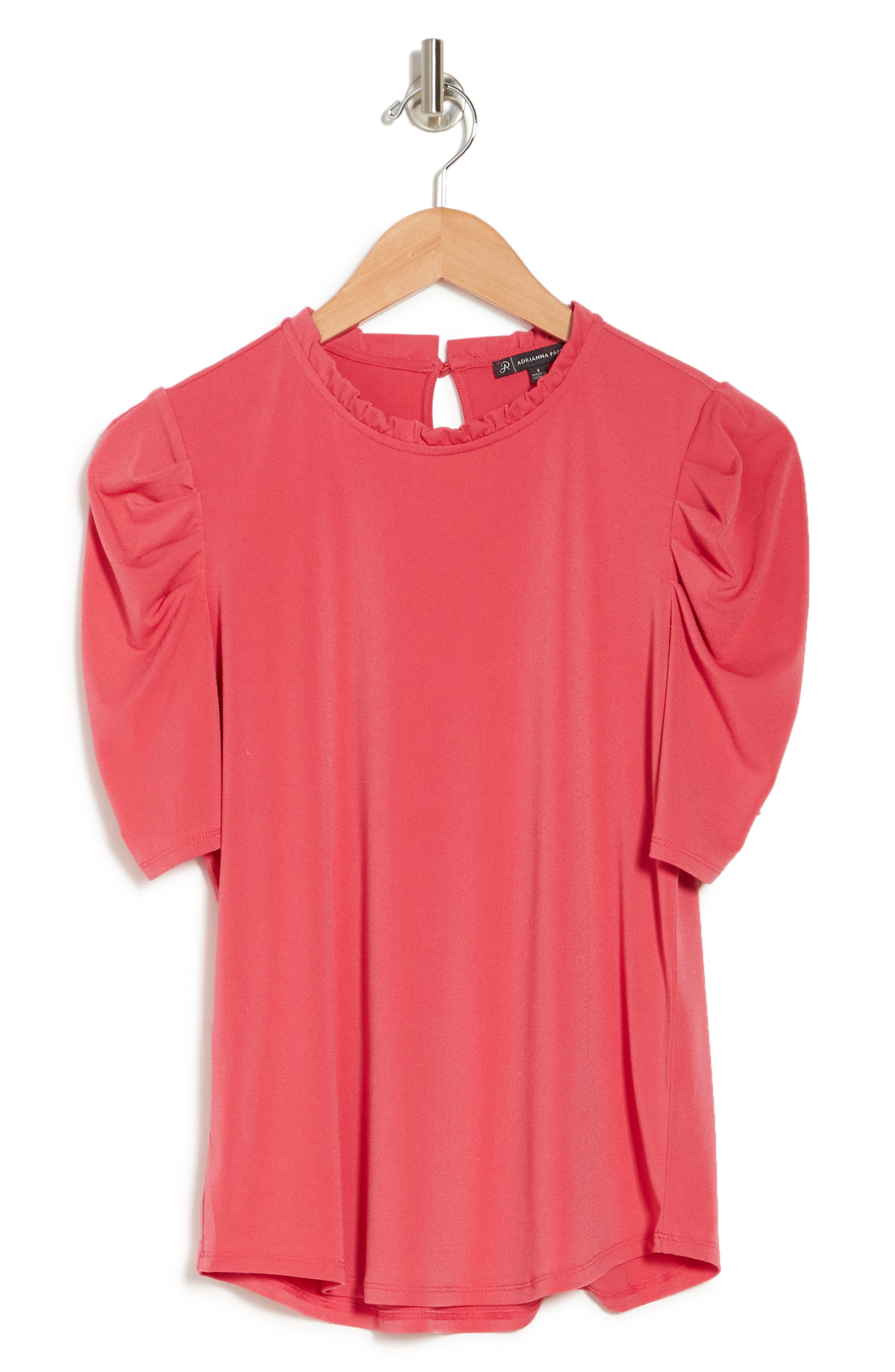Adrianna Papell Ruffle Neck 3/4 Sleeve Moss Crepe Top In Sweetguava