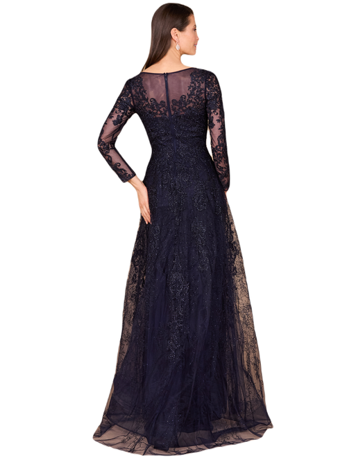 Lara New York Long Bell Sleeve V-neck Beaded Gown In Navy