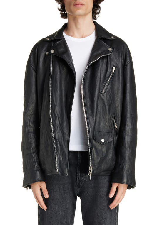 Oversize Leather Motorcycle Jacket in Black