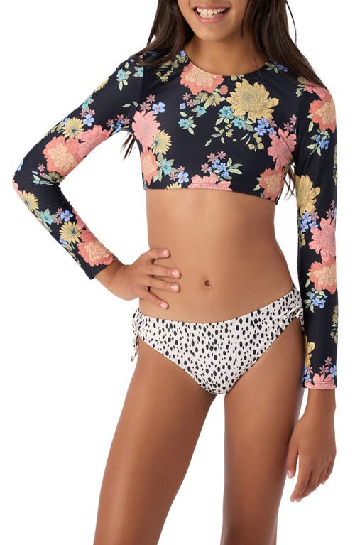 O'Neill Kids' Kali Long Sleeve Crop Two-Piece Swimsuit Black at Nordstrom,