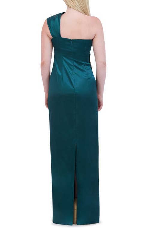 Shop Eliza J Embellished One-shoulder Satin Gown In Hun