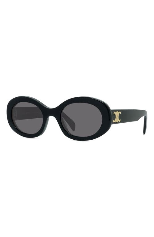 Shop Celine Triomphe 52mm Oval Sunglasses In Shiny Solid Black/smoke