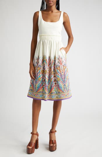 Etro Floral Embroidered Midi Dress With Square Neckline In Print On White Base