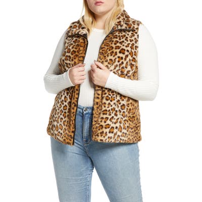 Plus Size Single Thread Leopard Faux Fur Vest, Beige