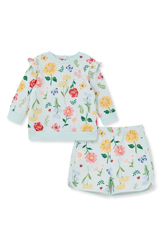 Little Me Babies' Garden Print Cotton Sweatshirt & Shorts Set In Aqua
