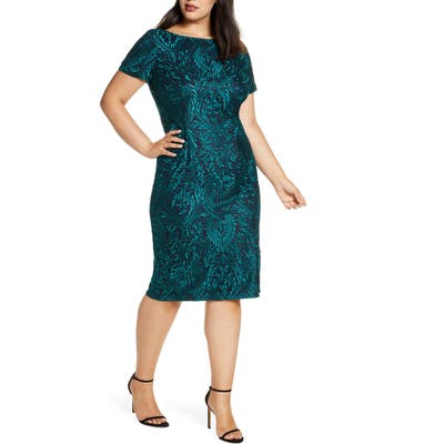 Plus Size Js Collections Floral Embroidered Cocktail Dress, Blue/green