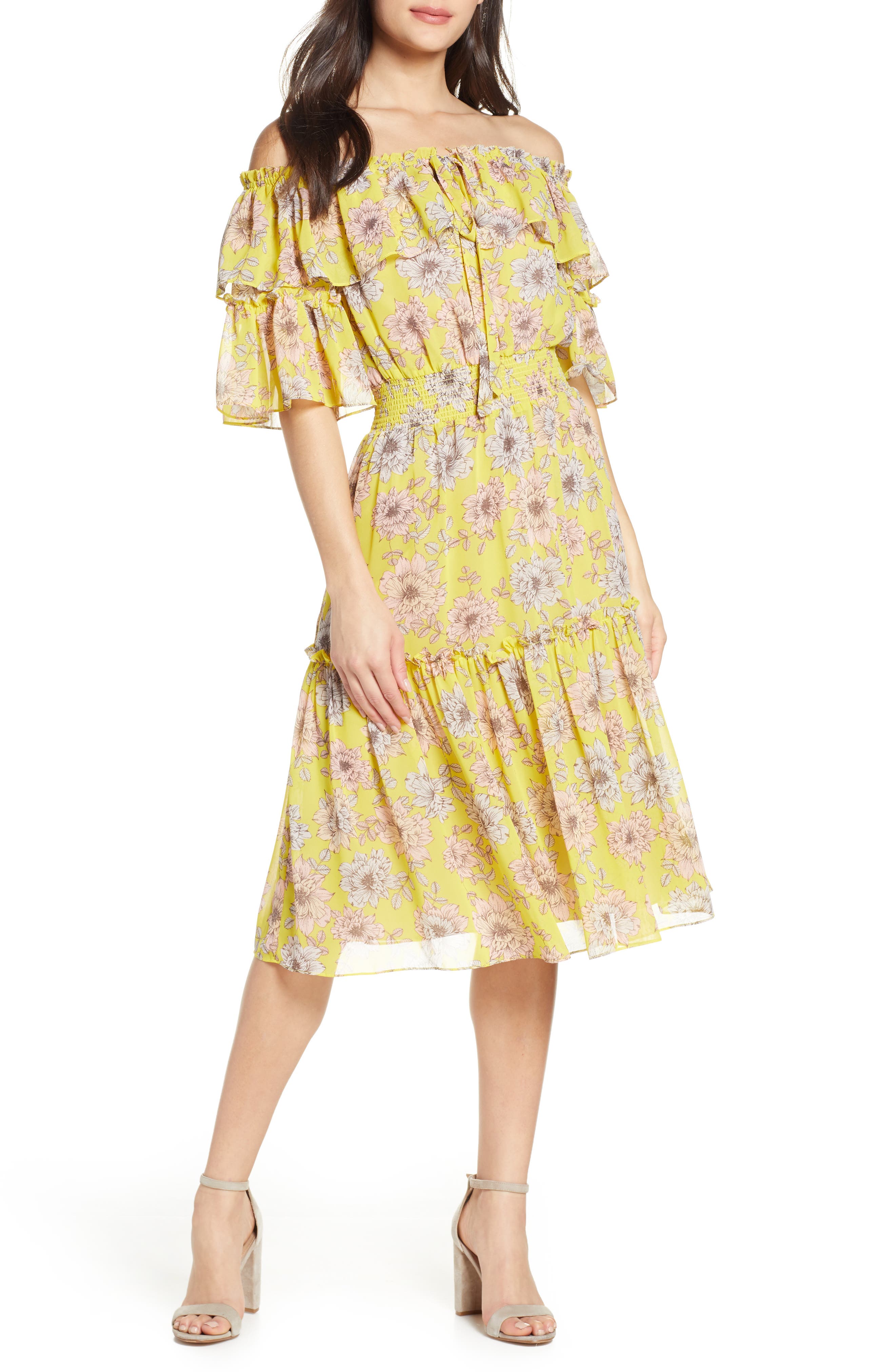 Chelsea28 Floral Off The Shoulder Tiered Dress, Yellow