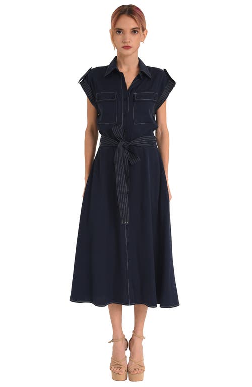 Shop Ciebon Josette Belted Cap Sleeve Shirtdress In Navy/white