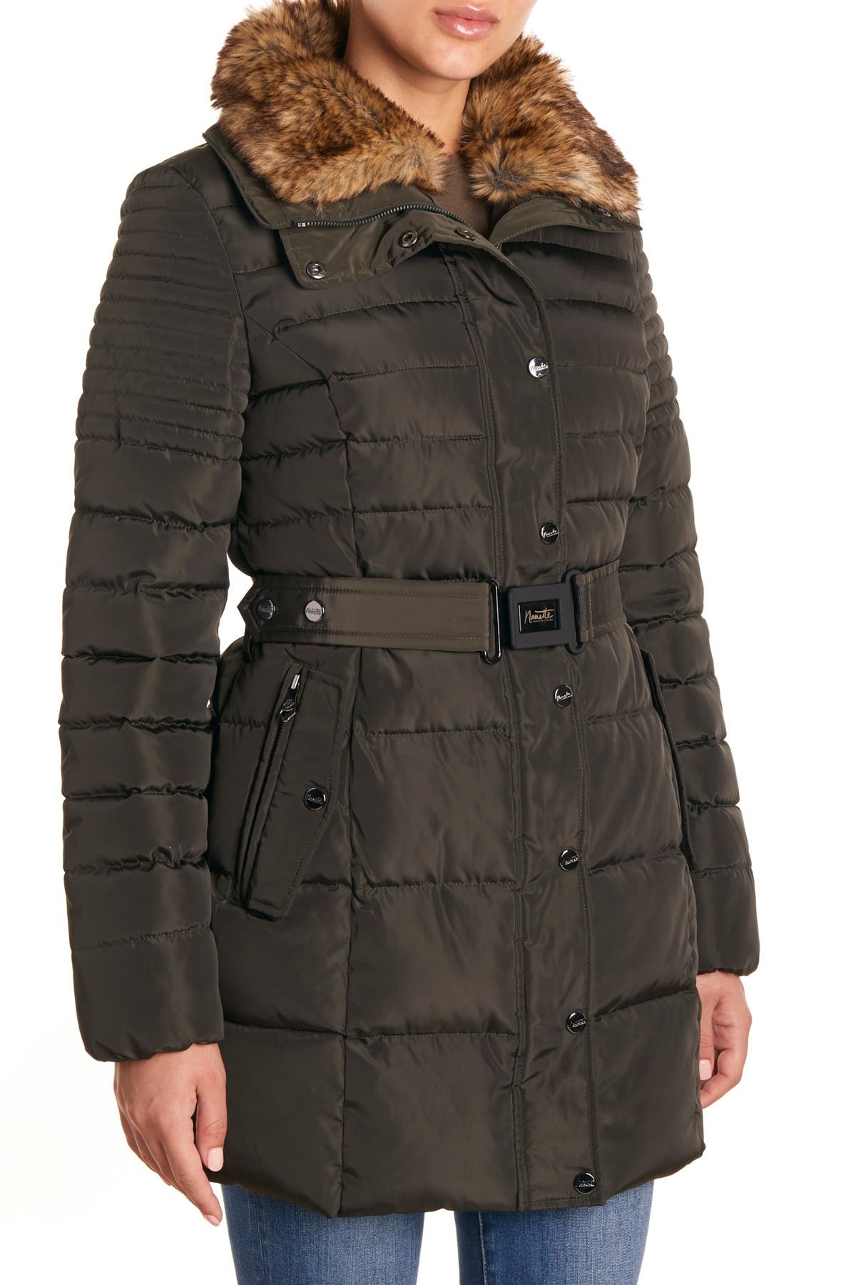 Nanette Lepore womens Belted Puffer Coat With Faux Fur Collar
