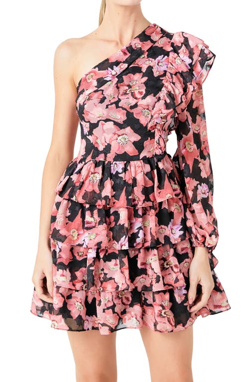 Shop Endless Rose Floral One-shoulder Single Long Sleeve Chiffon Minidress In Black/pink