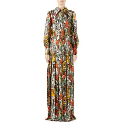 Gucci Feline Garden Print Long Sleeve Silk Dress, US / 48 IT - Beige