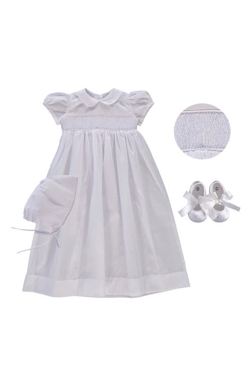 Carriage Boutique Smocked Inset Christening Gown, Bonnet & Booties Set in White at Nordstrom, Size 3M