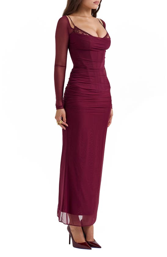 Shop House Of Cb Katrina Lace Mesh Long Sleeve Gown In Windsor Wine