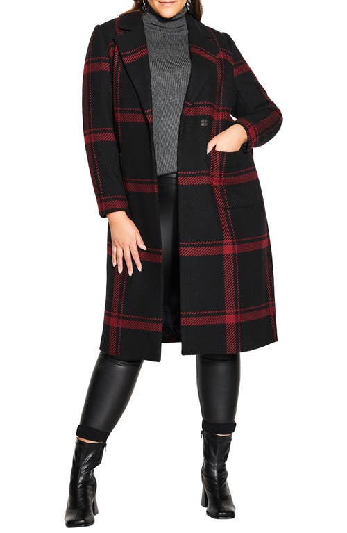 City Chic Checkmate Tie Waist Coat in Ruby /Black