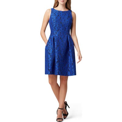 Tahari Sleeveless Scuba Lace Fit & Flare Dress, Blue