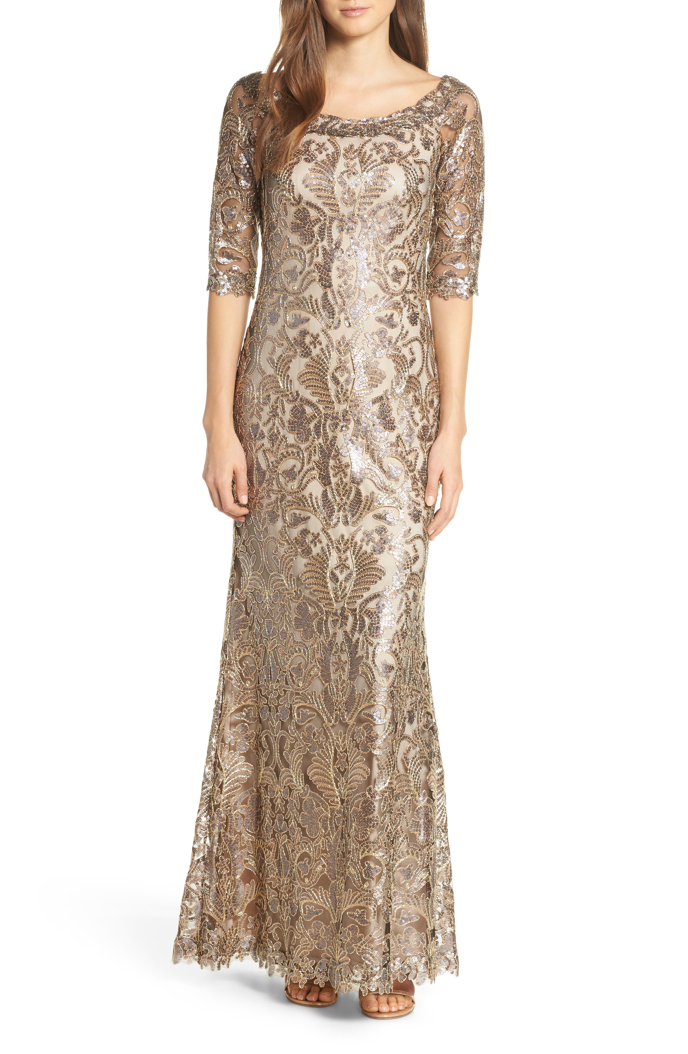 Tadashi Shoji Embroidered Sequin Trumpet Gown, Metallic