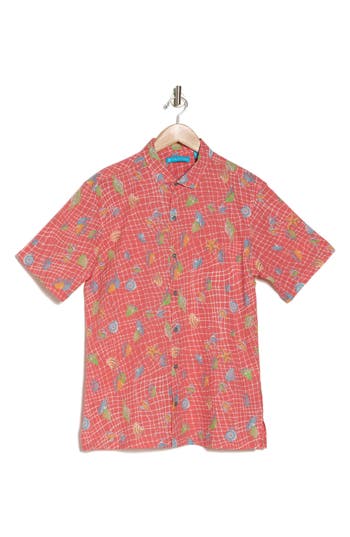 Shop Tori Richard Catch All Tropical Print Short Sleeve Button-up Shirt In Guava