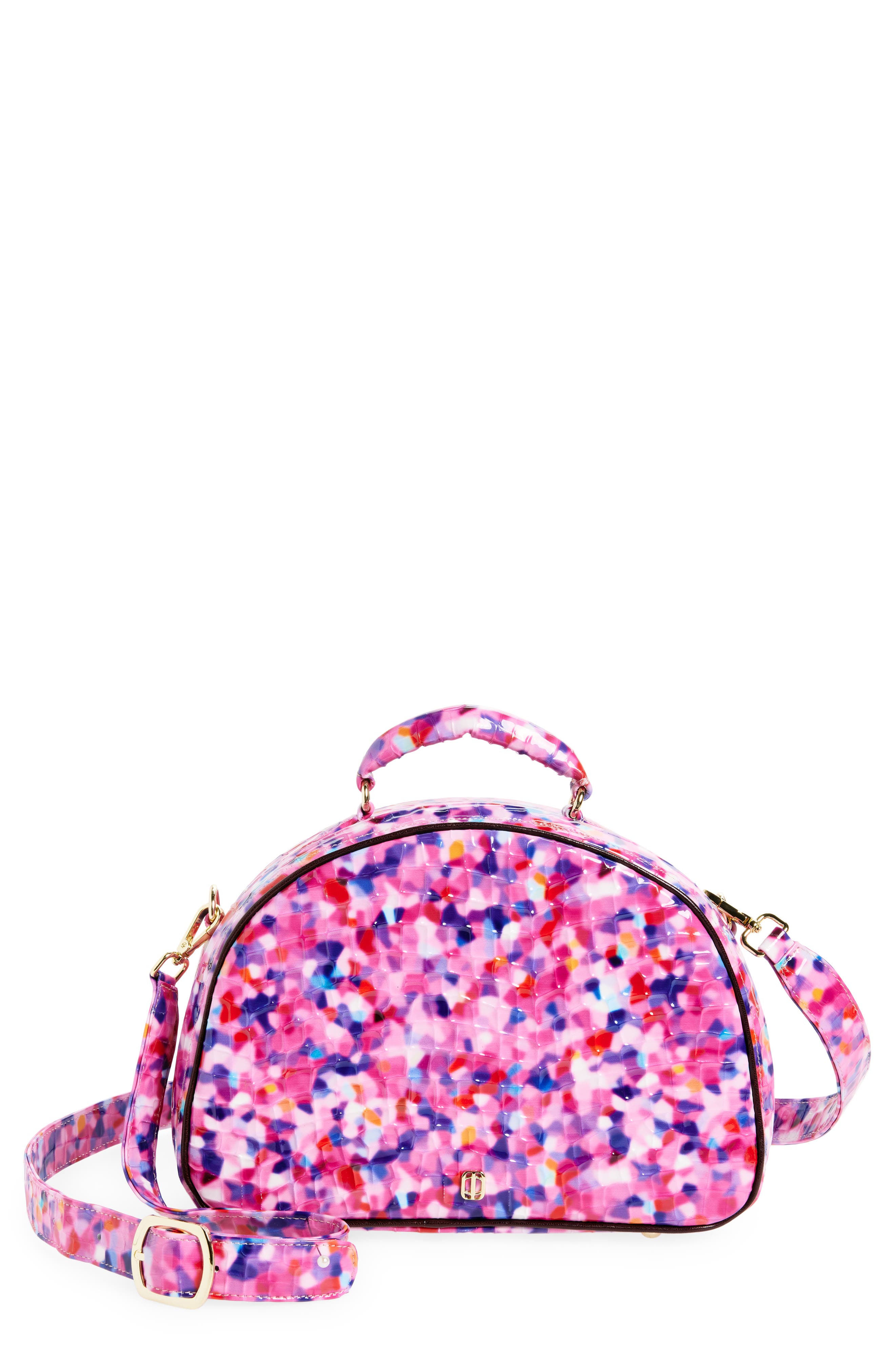 Anima Iris Small Travel Croc Embossed Leather Top Handle Bag in Strawberry Mojito 