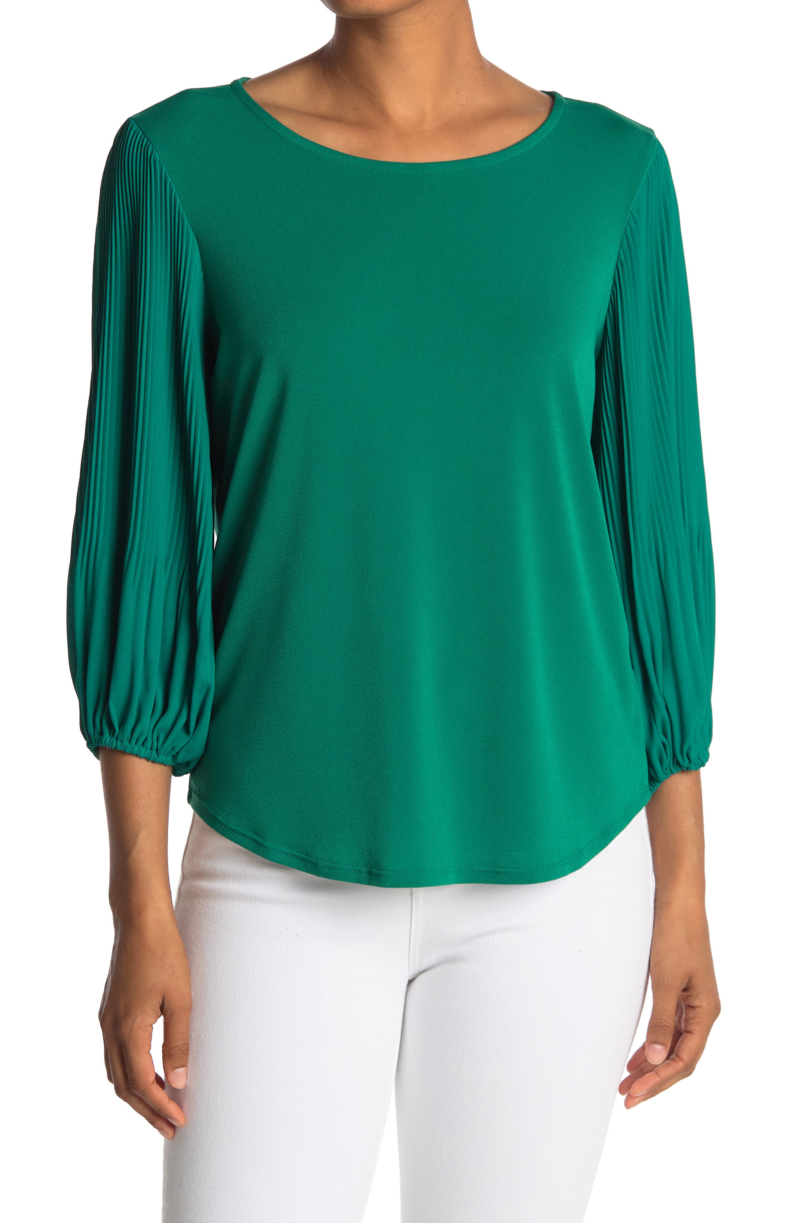 Adrianna Papell Solid Moss Crepe Pleat Woven Top In Lucemerald