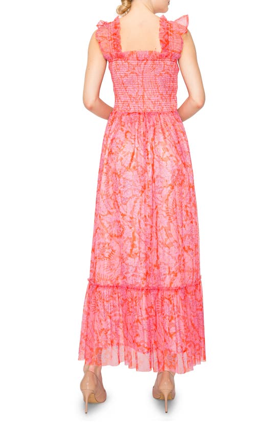 Melloday Ruffle Smocked Sleeveless Midi Dress In Coral Multi