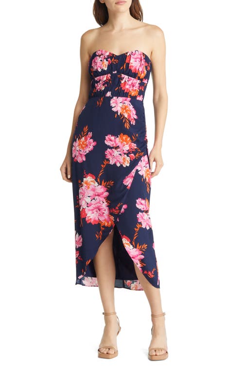 Charles Henry Floral Strapless Midi Dress in Navy Bouquet