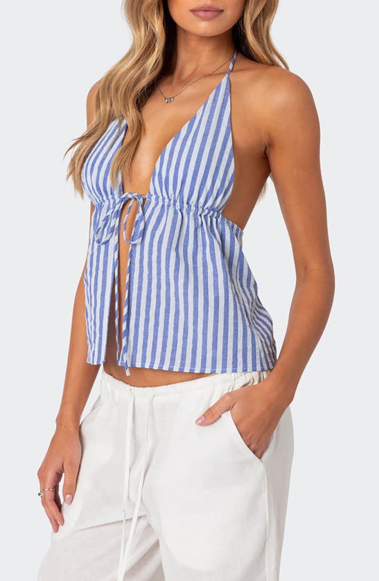 Shop Edikted Madelyn Stripe Tie Front Cotton Halter Top In Blue-and-white