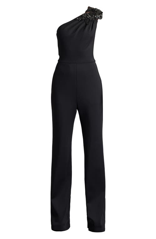 Sho By Tadashi Shoji Beaded Appliqué One-shoulder Jumpsuit In Black
