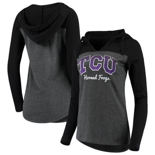CAMP DAVID Women's Charcoal TCU Horned Frogs Knockout Color Block Long Sleeve V-Neck Hoodie T-Shirt