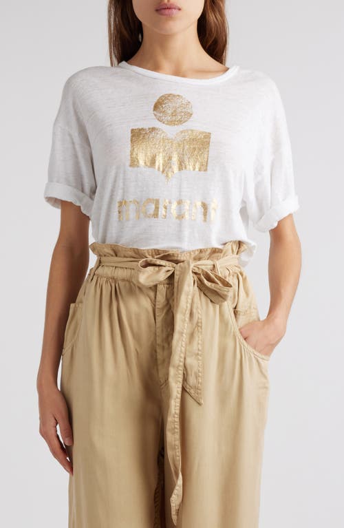 Shop Isabel Marant Étoile Zewel Metallic Logo Slub Linen Graphic T-shirt In White/light Gold