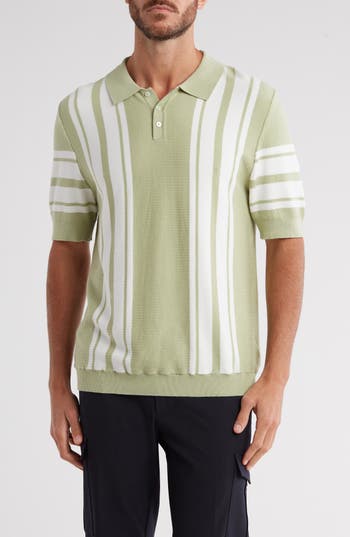 Truth Striped Rib Collar Polo In Green/ivory