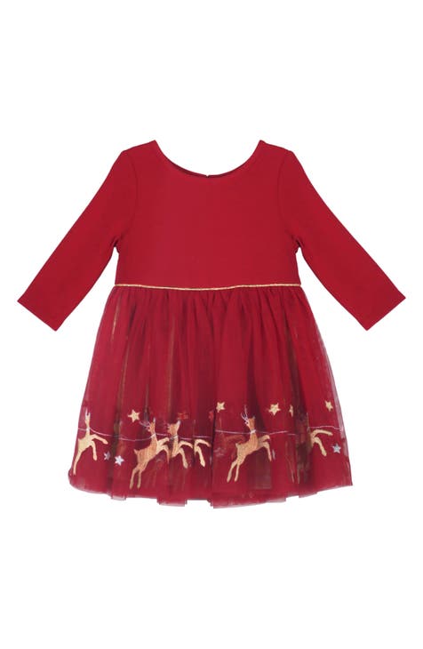 Long Sleeve Embroidered Reindeer Dress (Baby)