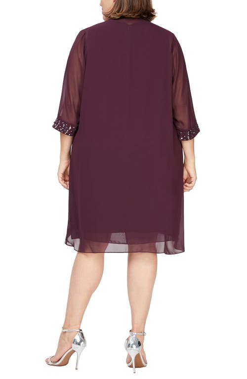 Slny Embellished Cascade Overlay Dress In Aubergine
