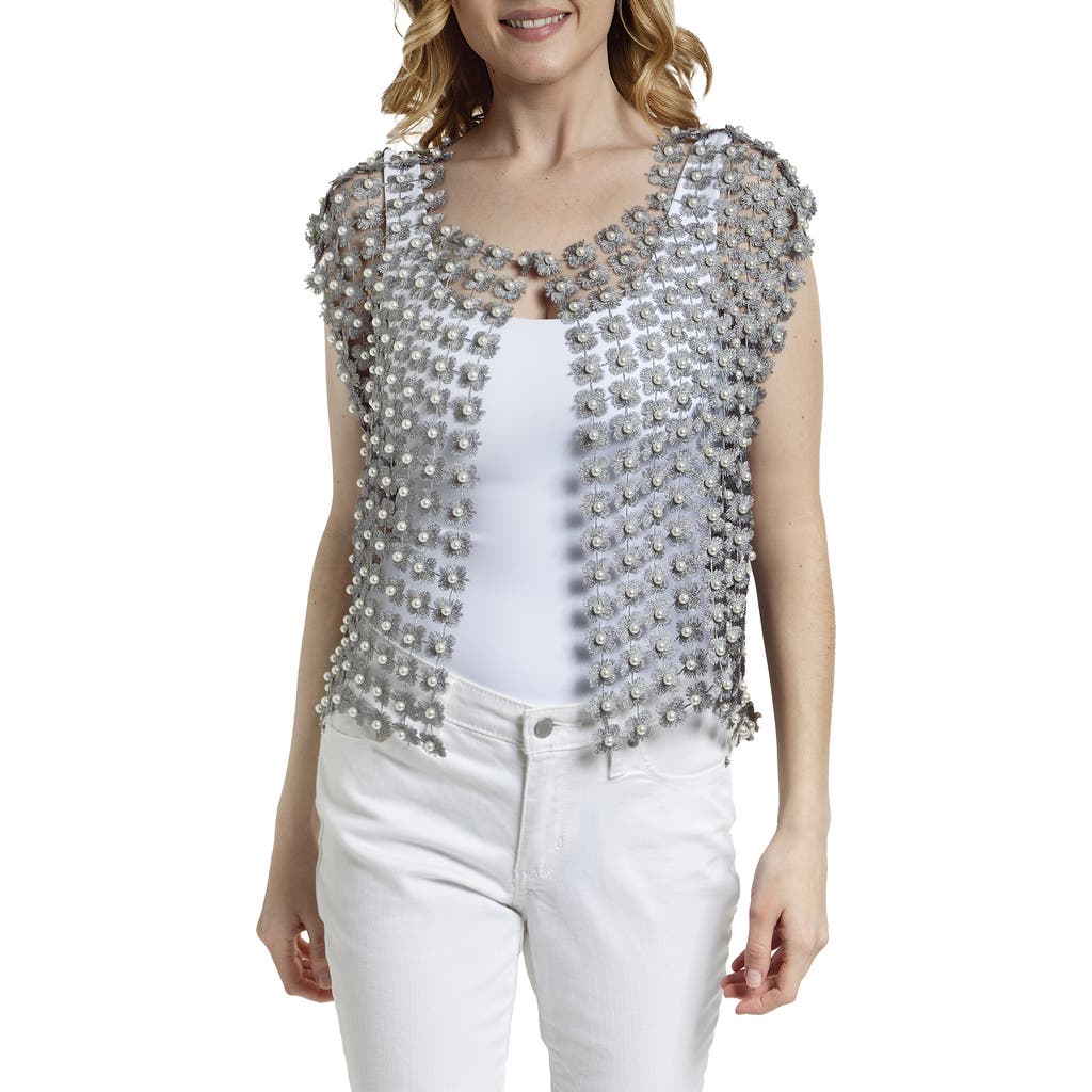 Shop Saachi Pearly Beaded Floral Lace Top In Grey
