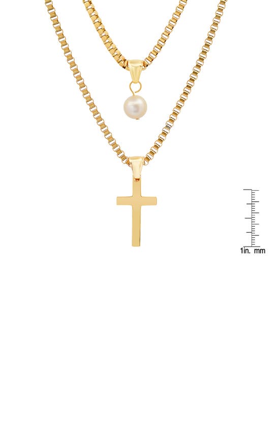 HMY JEWELRY HMY JEWELRY 18K GOLD PLATED STAINLESS STEEL IMITATION PEARL & CROSS PENDANT LAYERED NECKLACE