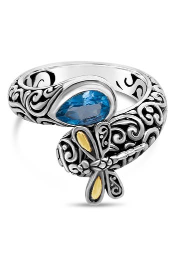 Devata Sweet Dragonfly 18k Gold & Sterling Silver Swiss Blue Topaz Bypass Ring In Metallic