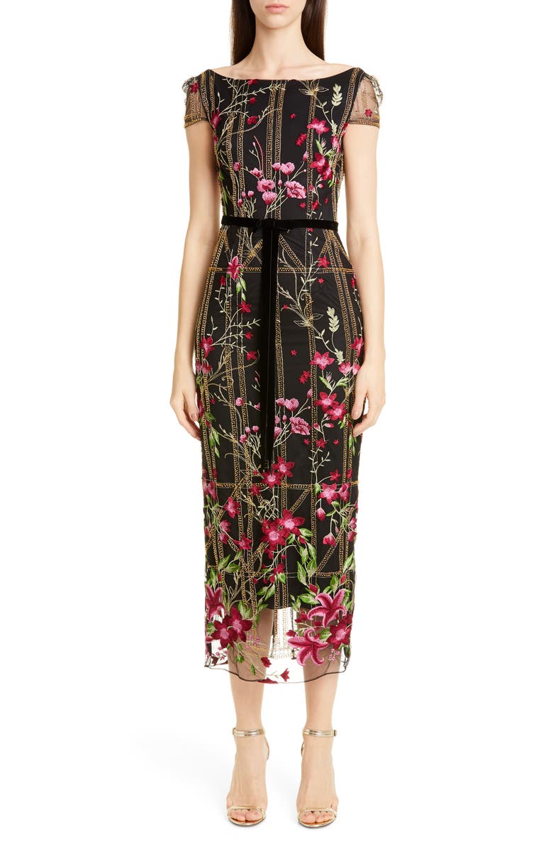 Marchesa Notte Floral Embroidered Midi Dress | Nordstrom