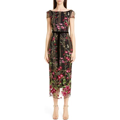 Marchesa Notte Floral Embroidered Midi Dress, Black