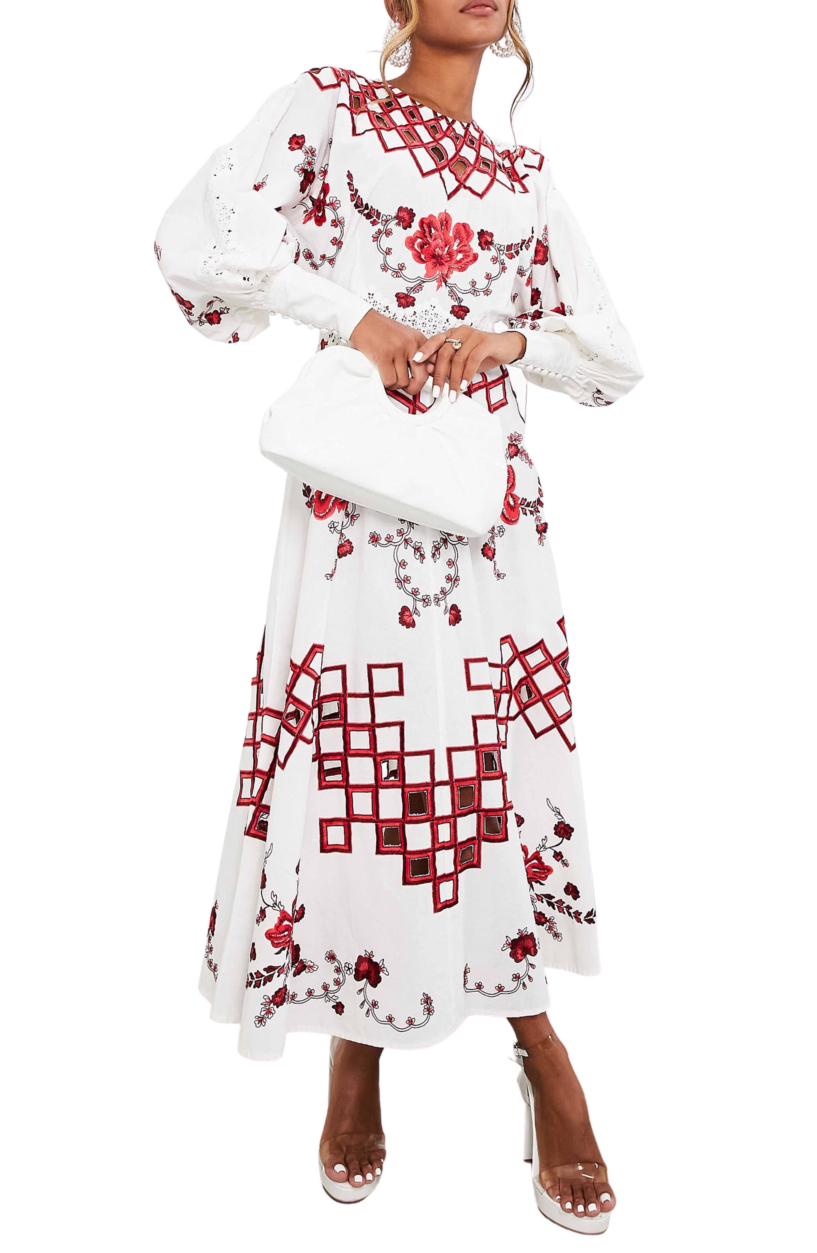 ASOS Edition Embroidered Midi Dress with Cutwork and Lace Trim in red-Multi