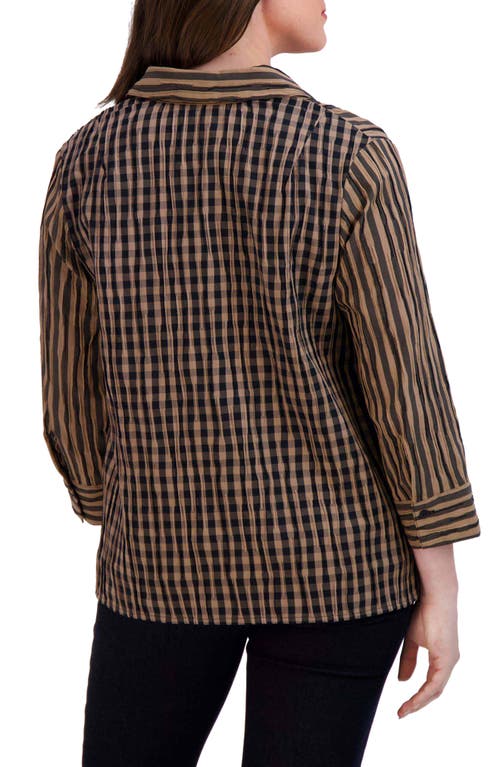 Shop Foxcroft Sophie Crinkle Stripe Cotton Blend Popover Shirt In Almond/black