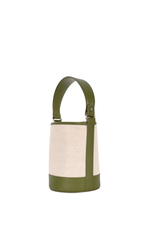 Shop Hyer Goods Canvas And Upcycled Leather Convertible Mini Bucket Bag In Linen/olive